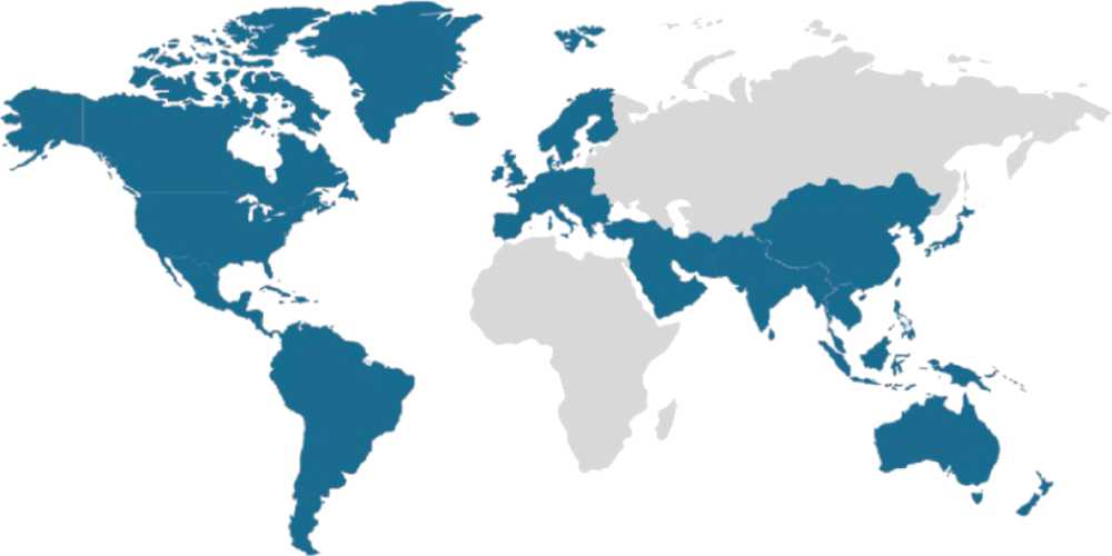 A map of the world with countries that OVOL have companies in highlighted in blue
